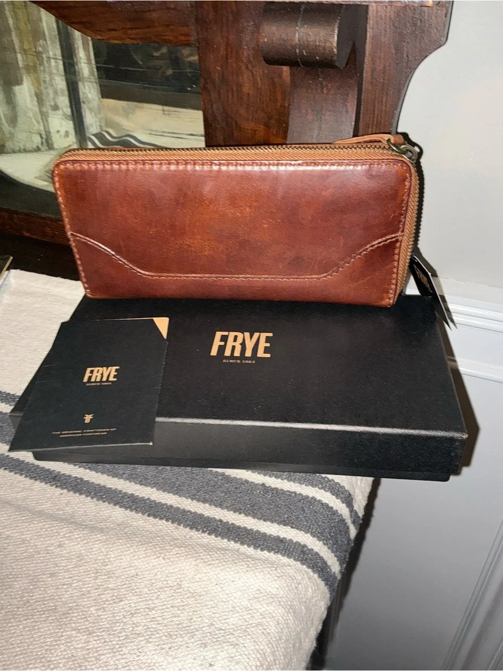 NWT Frye Leather Melissa Zip Around Wallet Cognac Brown With Box Retail $158